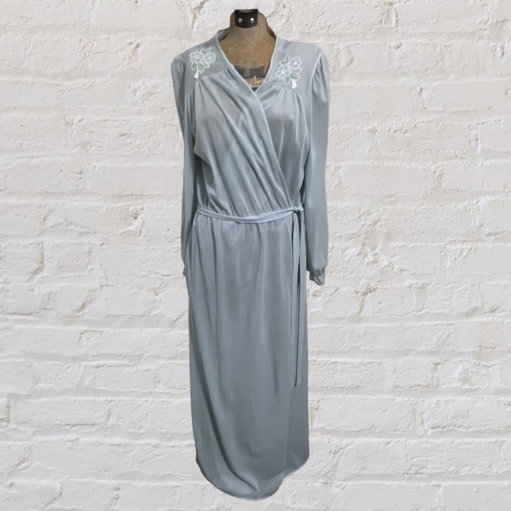 VINTAGE Jolie Two Light Blue Satin Floral Embroidered Belted Tie Front Long Robe